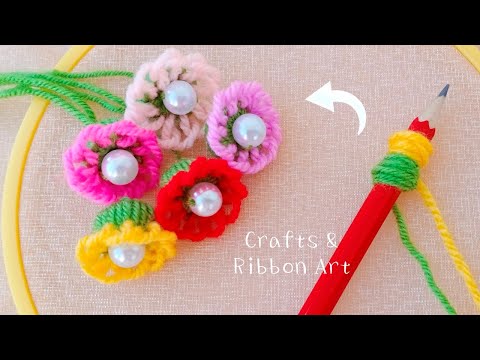 Super Easy Woolen Flower Making Ideas with Pencil - Hand Embroidery Amazing Flower - Sewing Hack