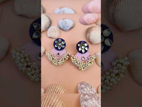 Handmade Fabric Circle & Diamond Shaped Earring With Pearl Accents Detailing