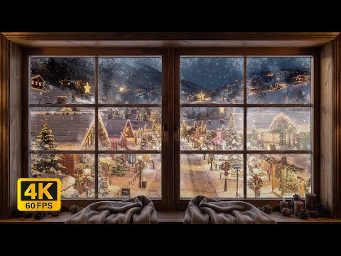 4K Winter Christmas Village Window View - Peaceful Snow & Wind Sounds | Holiday Sleep Ambience
