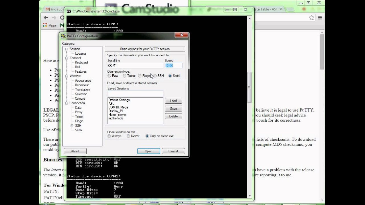 Putty for serial connection