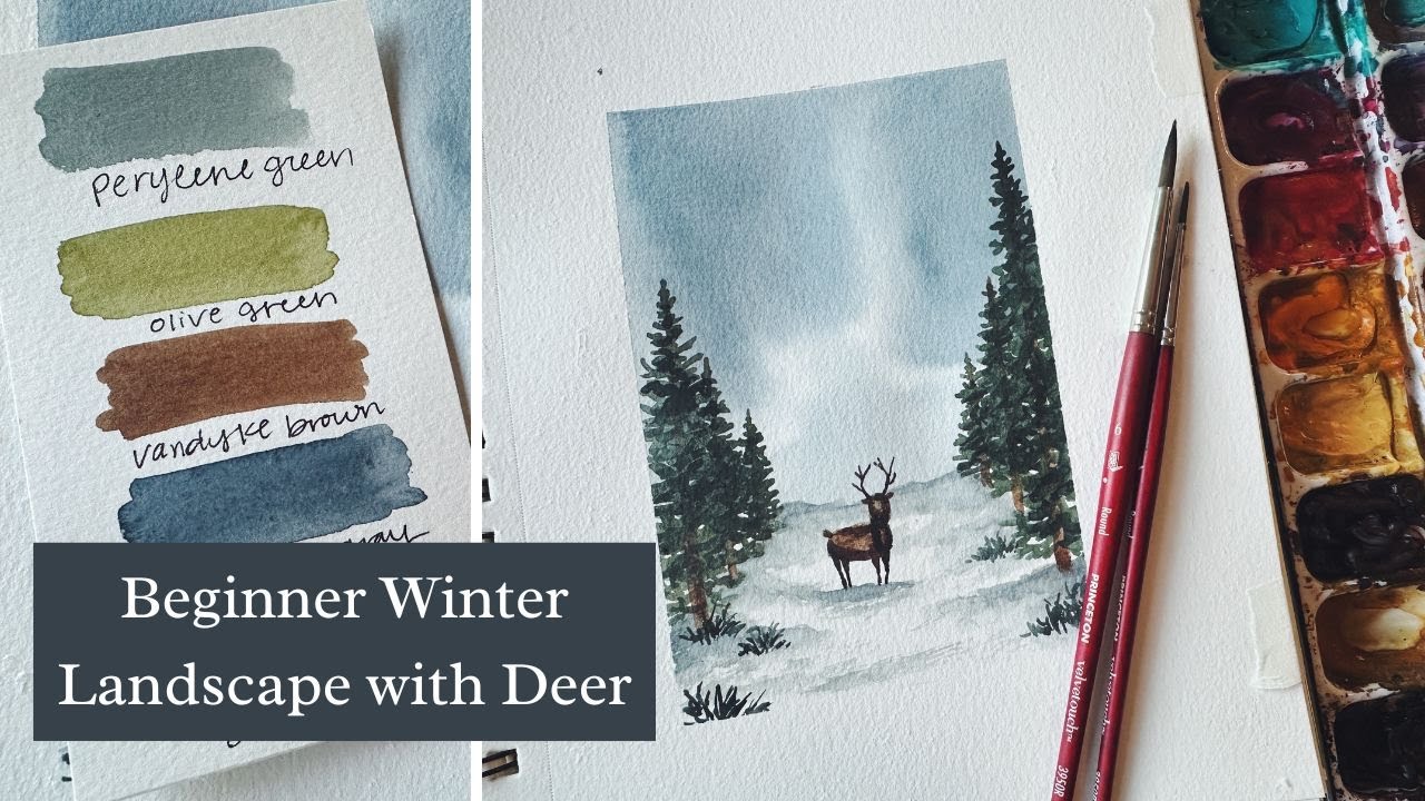 WATERCOLOR Winter Deer Landscape TUTORIAL | Pine Tree Forest | Snow Bank | BEGINNER Friendly