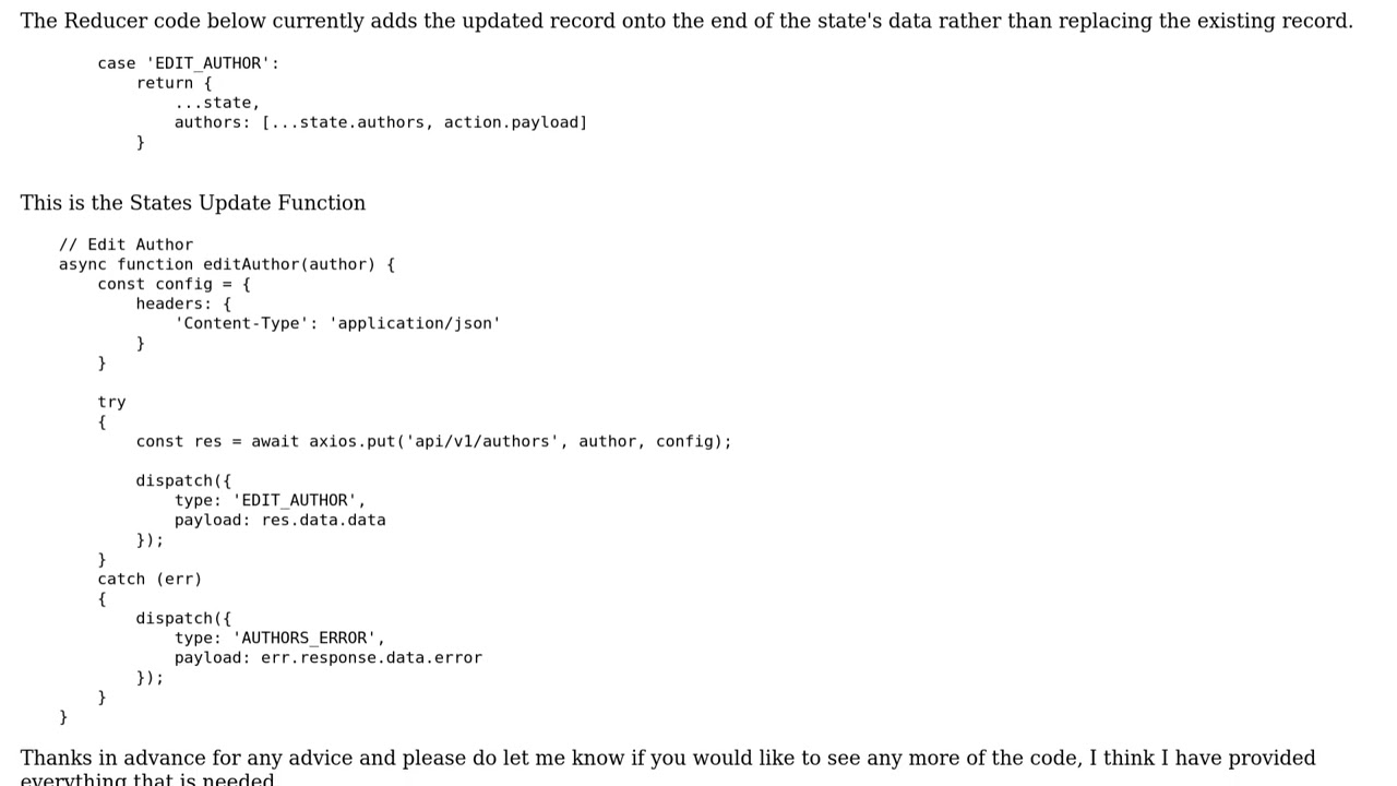 Update State with record returned from API, after being updated