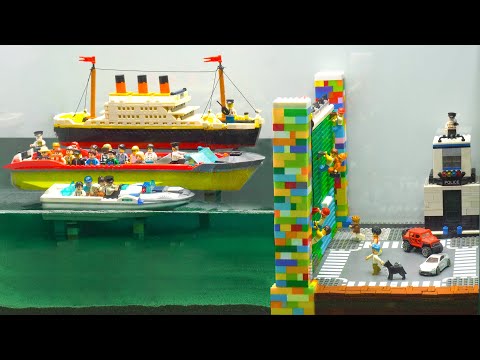 Lego Dam Breach Experiment - Tsunami Caused Lego Boat Crash & Lego Titanic Sinking