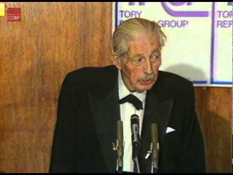 Harold Macmillan giving a speech on Margaret Thatcher's Privatisation policies