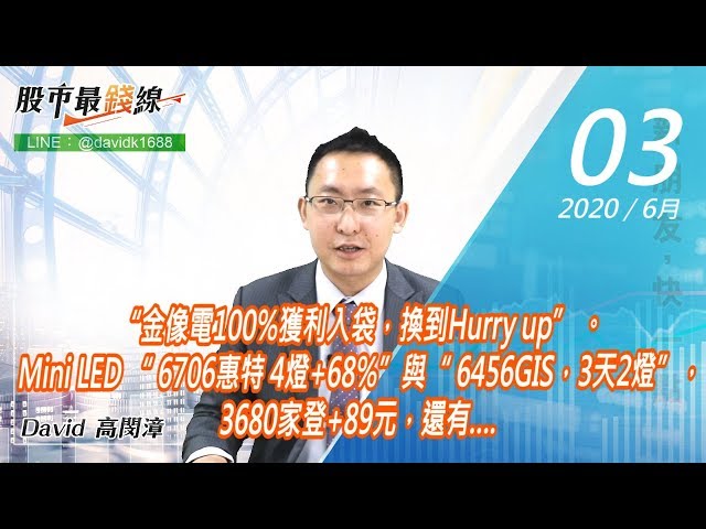 20200603《股市最錢線》#高閔漳，“金像電100%獲利入袋，換到Hurry up” 。Mini LED “ 6706惠特 4燈+68%”與“ 6456GIS，3天2燈”，3680家登+89元，還有….