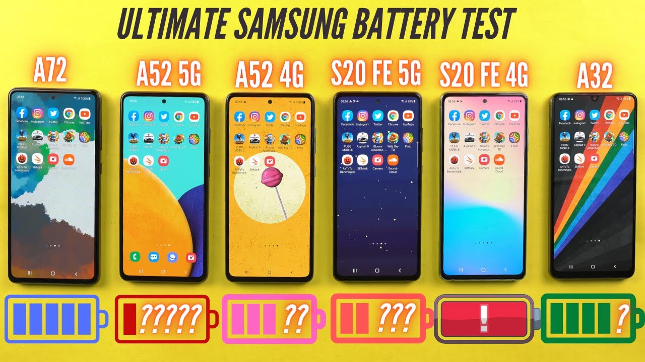 Samsung A72 vs A52 5G vs A52 4G vs S20 FE 5G vs S20 FE 4G vs A32 Battery Drain & Charging Test