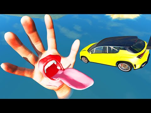 Jumping Cars In The Mouth Of Hands - Beamng Drive TrainWorld