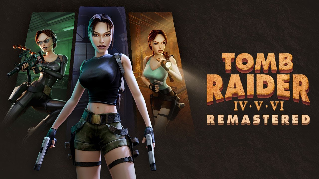 Lara Croft featured in a montage of tomb and urban environments from the trilogy