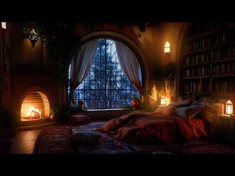 Heavy Thunderstorm in a Cozy Castle Room with Rain and Fireplace Sounds