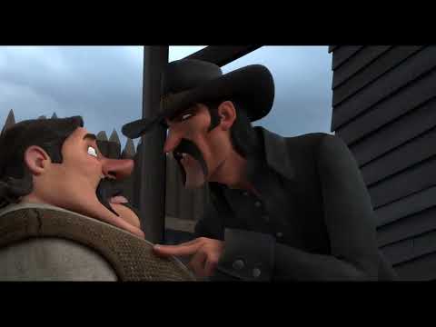 Free Birds (2013) trailer frame of Reggie and Jake sprinting from a lab as action music kicks in