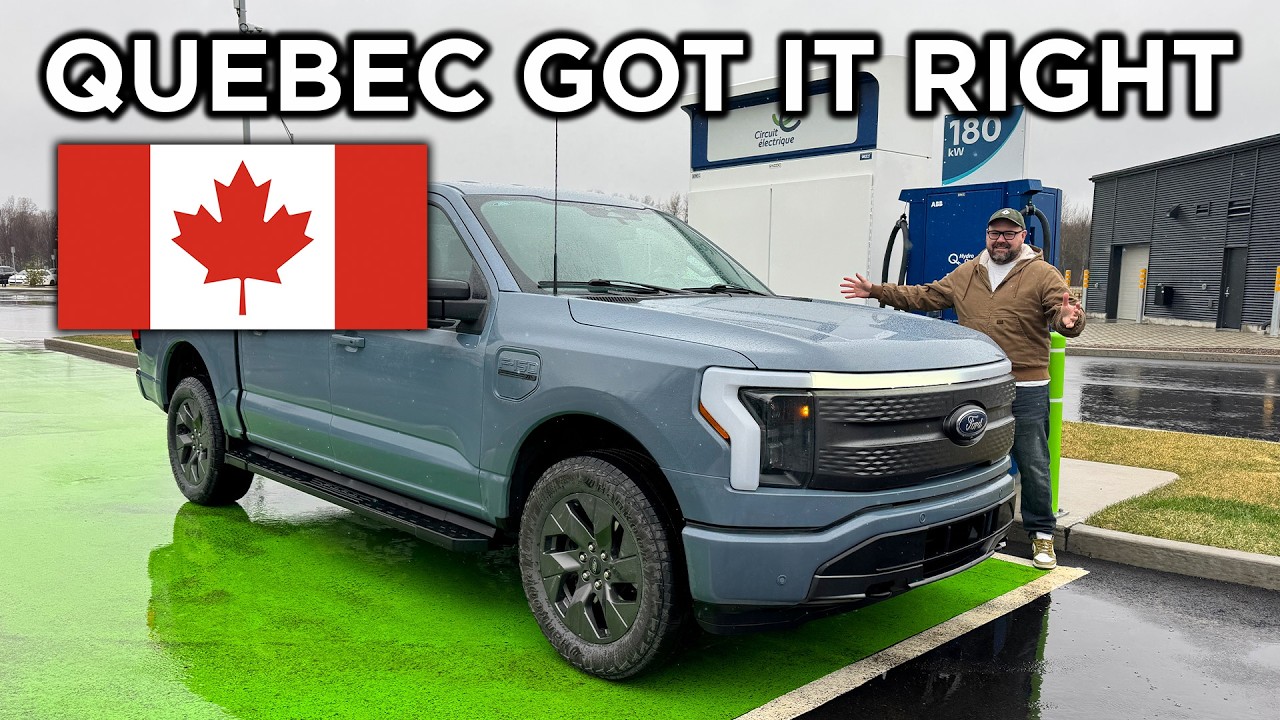 F-150 Lightning plugged into a DC fast charger at a busy Quebec charging site along Autoroute 20