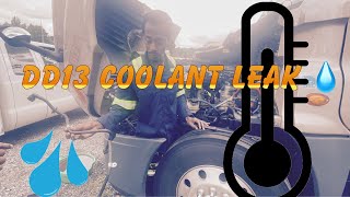 Notorious Freightliner Cascadia DD13 Engine Coolant hose leak and hose repair by @BruceMobile