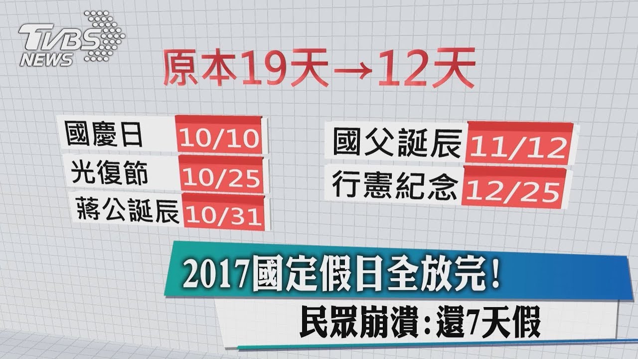 2017國定假日全放完！　民眾崩潰：還7天假