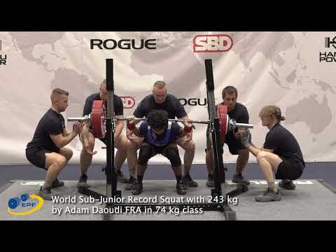 World Sub-Junior Record Squat with 243 kg by Adam Daoudi FRA in 74 kg class