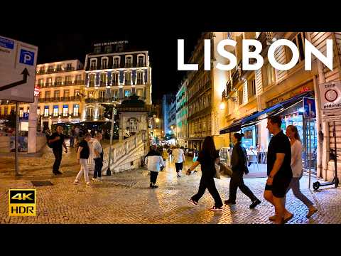 Lisbon PORTUGAL Night WALK 4K HDR - Comércio, Baixa & beyond