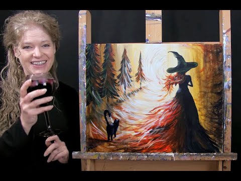 Learn to Paint WALK WITH A WITCH with Acrylics - Paint & Sip at Home - Step by Step Lesson