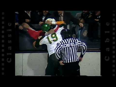 Brendan Shanahan (#19 - London Knights) vs. Geoff Benic (#13 - Windsor) & Dan Mahon (#26 - Windsor)