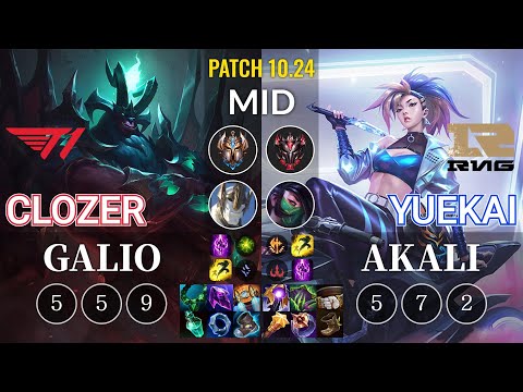 T1 Clozer Galio vs RNG yuekai Akali Mid - KR Patch 10.24