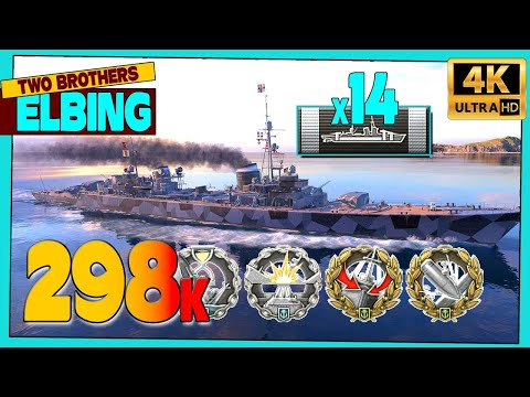 Destroyer Elbing on map Two Brothers, 298k damage - World of Warships