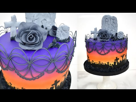 MAKING a Halloween Cake! Graveyard Sunset Cake...