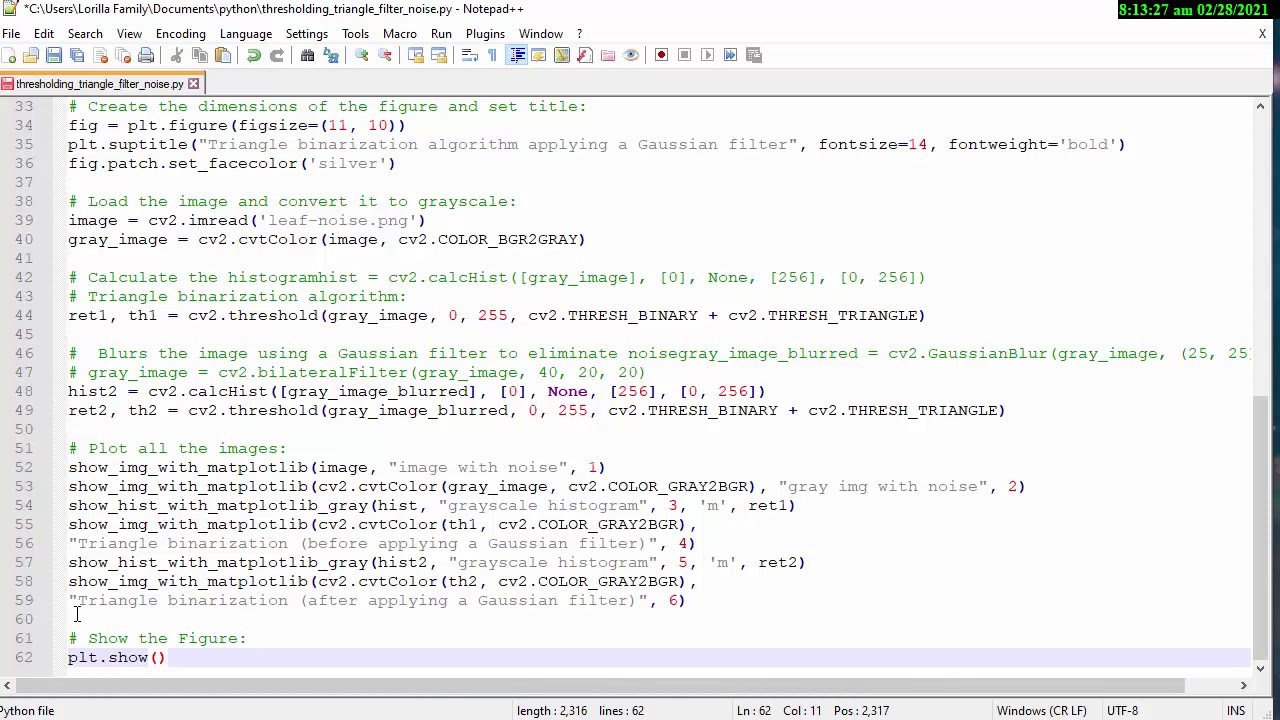 【PYTHON OPENCV】Triangle thresholding filtering noise applying a Gaussian filter