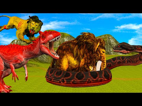 Woolly Mammoth Vs Titanoboa Snake | dinosaurs death run | Cartoon Cow Rescue Mammoth Animal Fight
