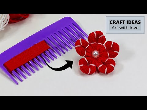 Super Easy Woolen Flower craft ideas with Hair comb Hand Embroidery Amazing Trick with Woolen Yarn