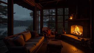 A Peaceful Cabin Porch in the Rain | Lakeside Forest Night and Warm Fireplace