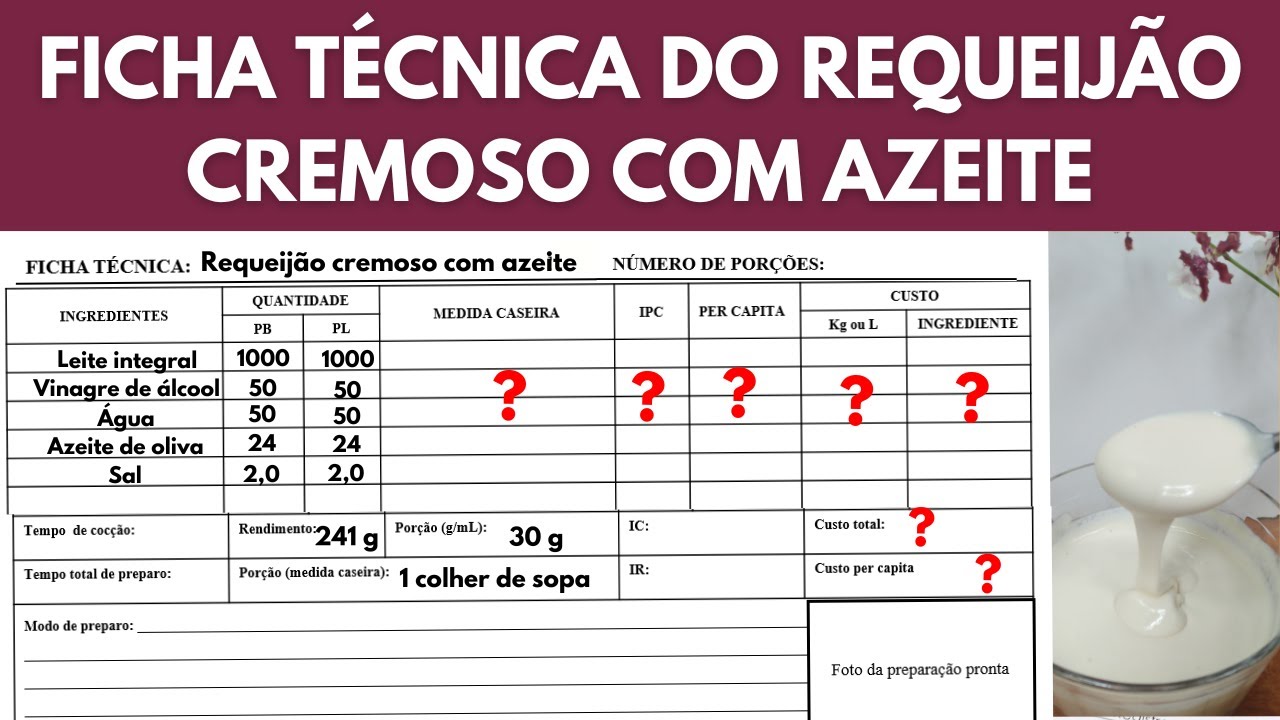 FICHA TÉCNICA DO REQUEIJÃO CREMOSO COM AZEITE: COMO CALCULAR CUSTO, NÚMERO DE PORÇÕES E PER CAPITA