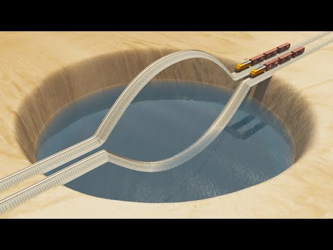 Impossible Weird Double U Shape Rail Wave Tracks Vs Trains Crossing Giant Pit - BeamNG.Drive