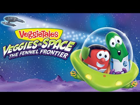 VeggieTales in Space: The Fennel Frontier cover with red and green veggie characters inside a bright green spaceship against a starry purple-blue background.