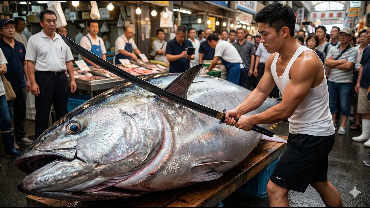 Precision cut 400 kg bluefin tuna with the sharpest knife