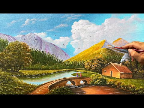 How to Paint a Peaceful Mountain River & Cottage | Easy Acrylic Landscape Tutorial