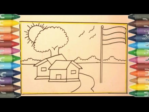how to draw indian flag 🇮🇳/independence day village scenery /how to draw Republic Day drawing steps