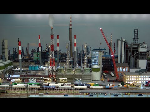 Incredibly detailed model railroad layout of a miniature chemical plant in Z scale