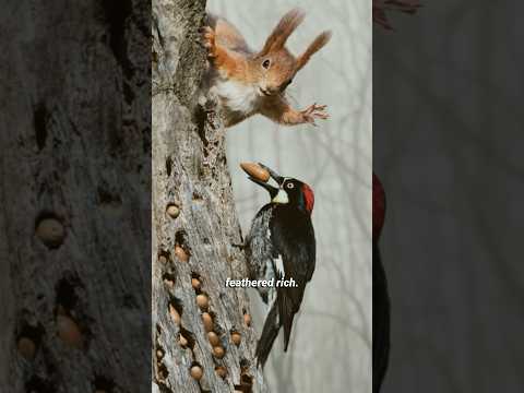Squirrel Steals Acorn, Woodpecker Retaliates! 😱 #shorts #AcornWoodpecker