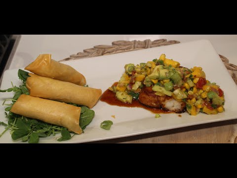 Ginger garlic Chilean Seabass// mango salsa with springroll mash