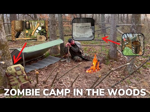 Solo Overnight Building an Apocalyptic Zombie Camp in The Woods and Bacon Bean Stew