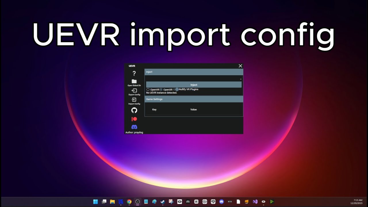 UEVR import config tutorial title card, showing the UEVR injector window with its Import Config button
