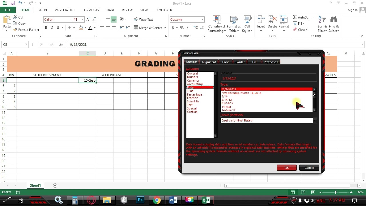 MS Excel Tutorial Sample Grading Sheet