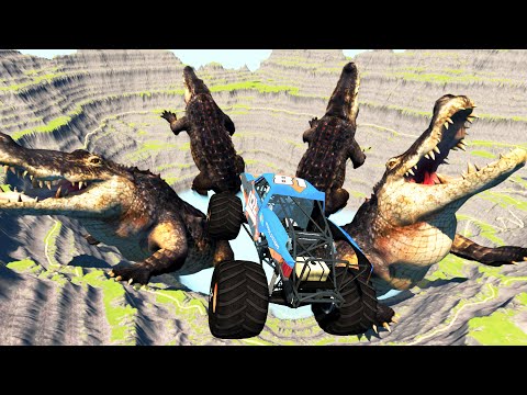 Jumping Cars into Quarry with Giant Alligators - BeamNG.Drive