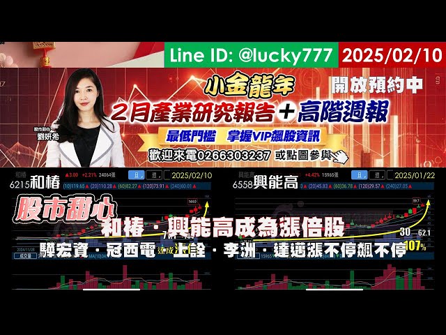 02/10【甜心盤後影音】＜來電留言預購最新產業報告＞興能高．和椿漲倍股，邁達特．驊宏資．冠西電．上詮．李洲．達邁漲不停飆不停