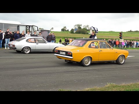 Halle 77 Raceday-Classic Car Drag Racing- Lotus Omega, 500HP Capri, JP RX7, 700HP Golf 1, Opel Manta