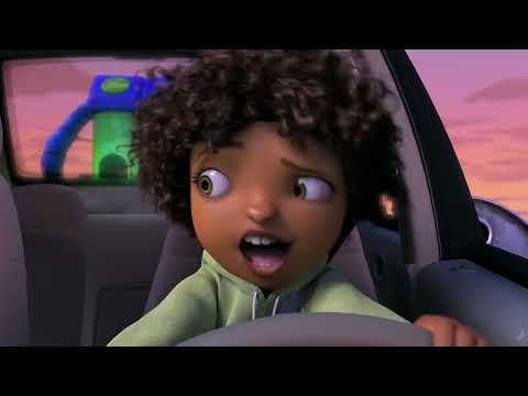 HOME (2015) official trailer frame with Tip, Oh and Pig racing through a Boov-occupied city