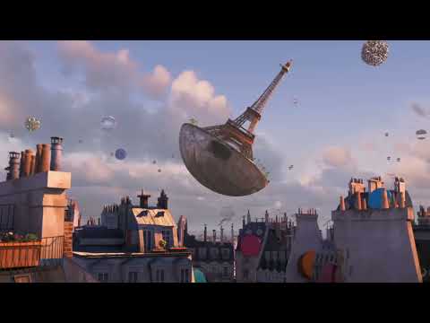 Trailer still: Tip and Oh in Slushious with neon city blur, implying a dance-pop cue