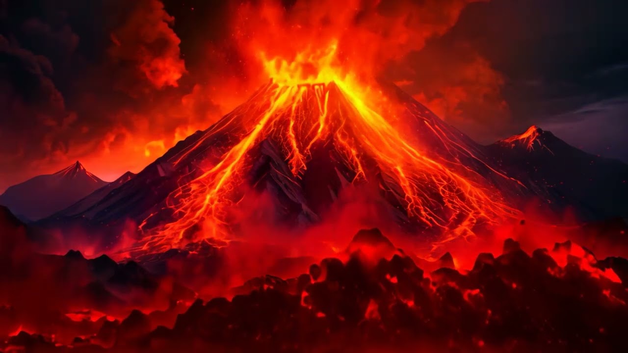 Volcano eruption at night, 3d render. Beautiful volcanic landscape, lava flowing