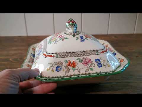 Copeland Spode Chinese Rose Green Rim Square Lidded Serving Tureen