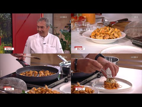 Eierschwammerlgulasch mit rotem Paprika