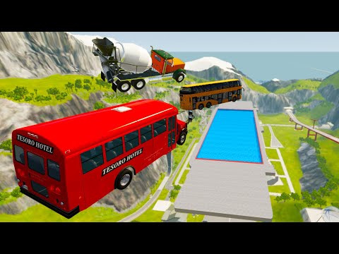 Heavy Vehicles High Speed Jumps In Shallow Pool (Crash Test) - BeamNG.drive High Speed Jumps In Pool