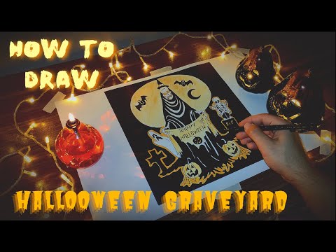 How to draw Halloween Graveyard 🎃 | Halloween Drawings